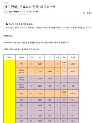 모넬400 판재 재고LIST